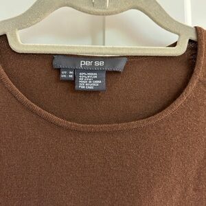 PerSe brown long sleeve top with zipper details on sleeves.